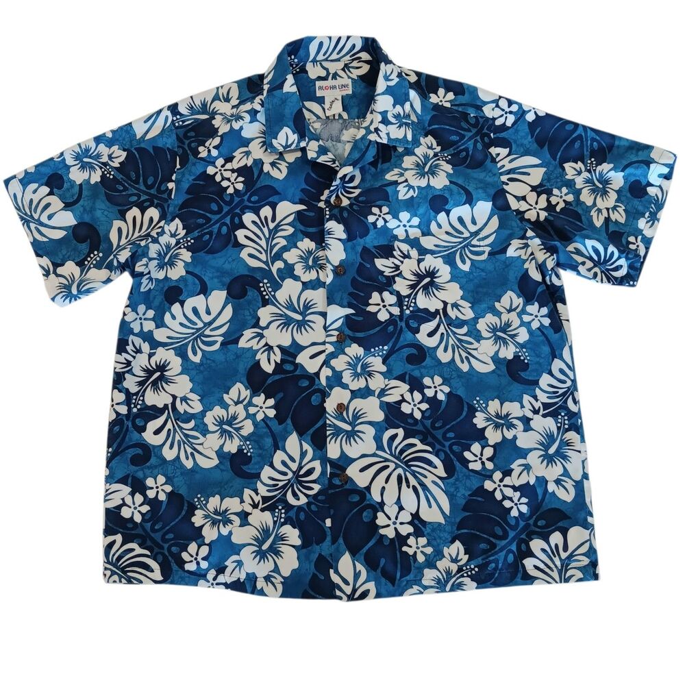 VTG Men's Hawaiian Shirt 100% Cotton Blue White Flowers Size Large By Aloha Line
